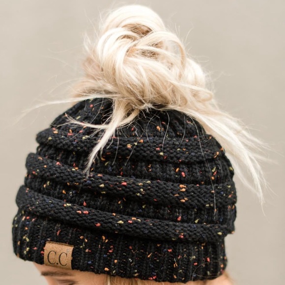 C.C Accessories - Black Messy-bun, confetti print C.C beanie New